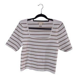 Women's White/Tan Striped Square Neck Short Sleeve Tee Size XL - 3FOR$25 -